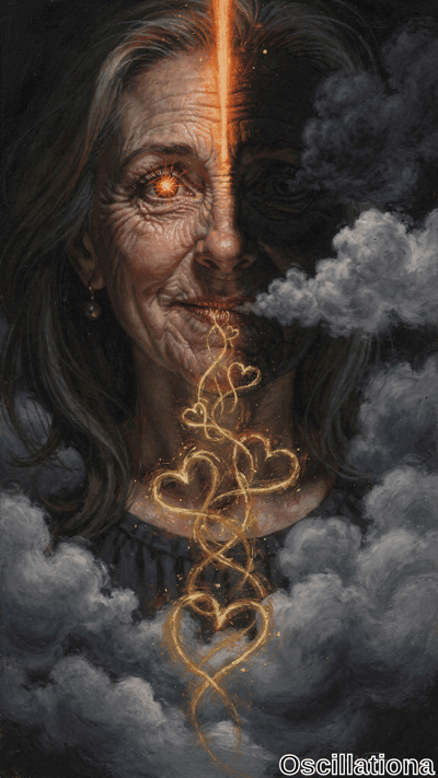 A surreal artwork showing a human figure with long, dark hair, face partially hidden by swirling dark clouds, creating a mysterious vibe