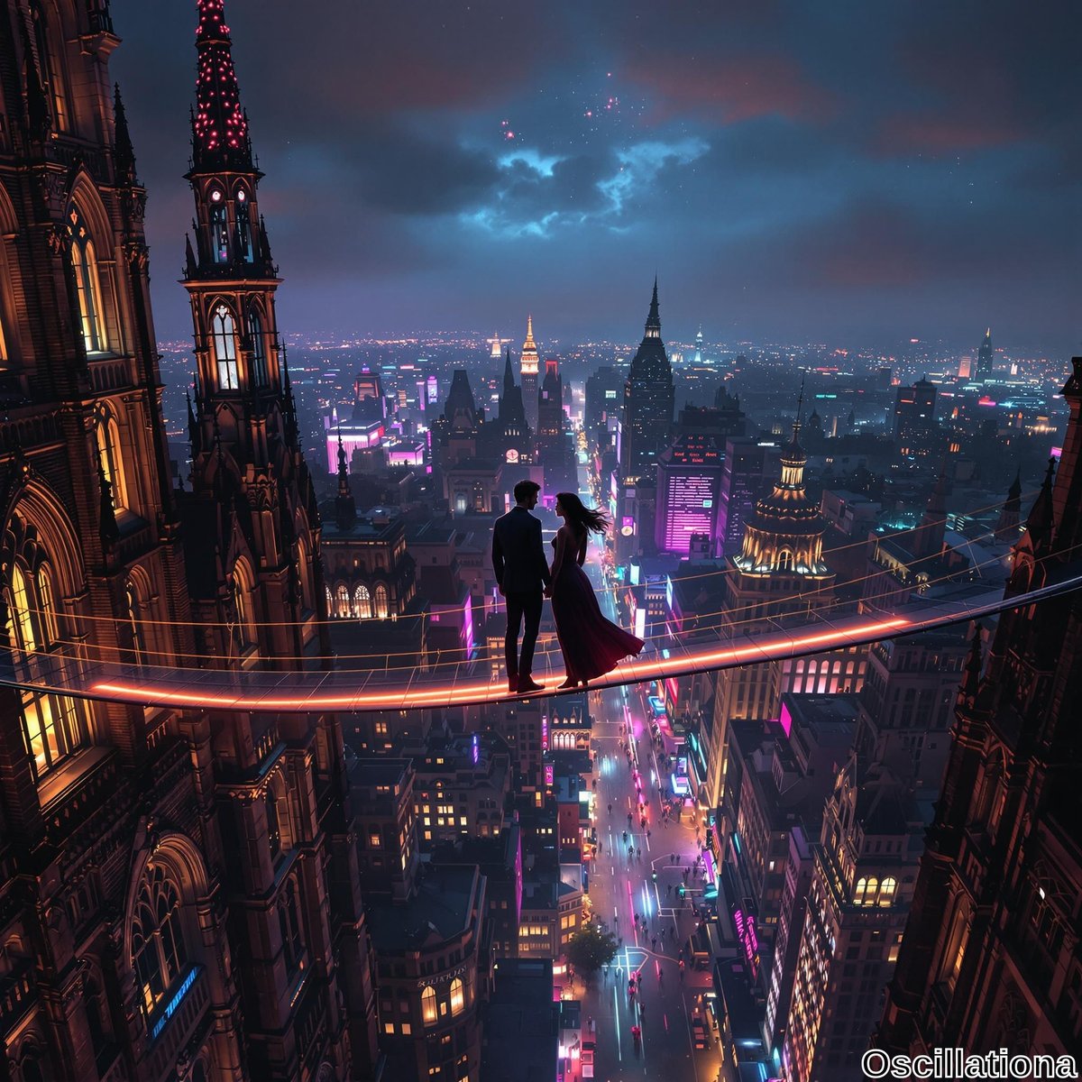 A man in a suit and a woman in a flowing dress stand on a neon-lit tightrope between gothic and modern buildings, silhouetted against a vibrant cityscape.