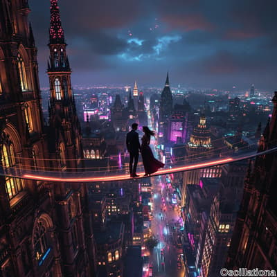 A man in a suit and a woman in a flowing dress stand on a neon-lit tightrope between gothic and modern buildings, silhouetted against a vibrant cityscape.