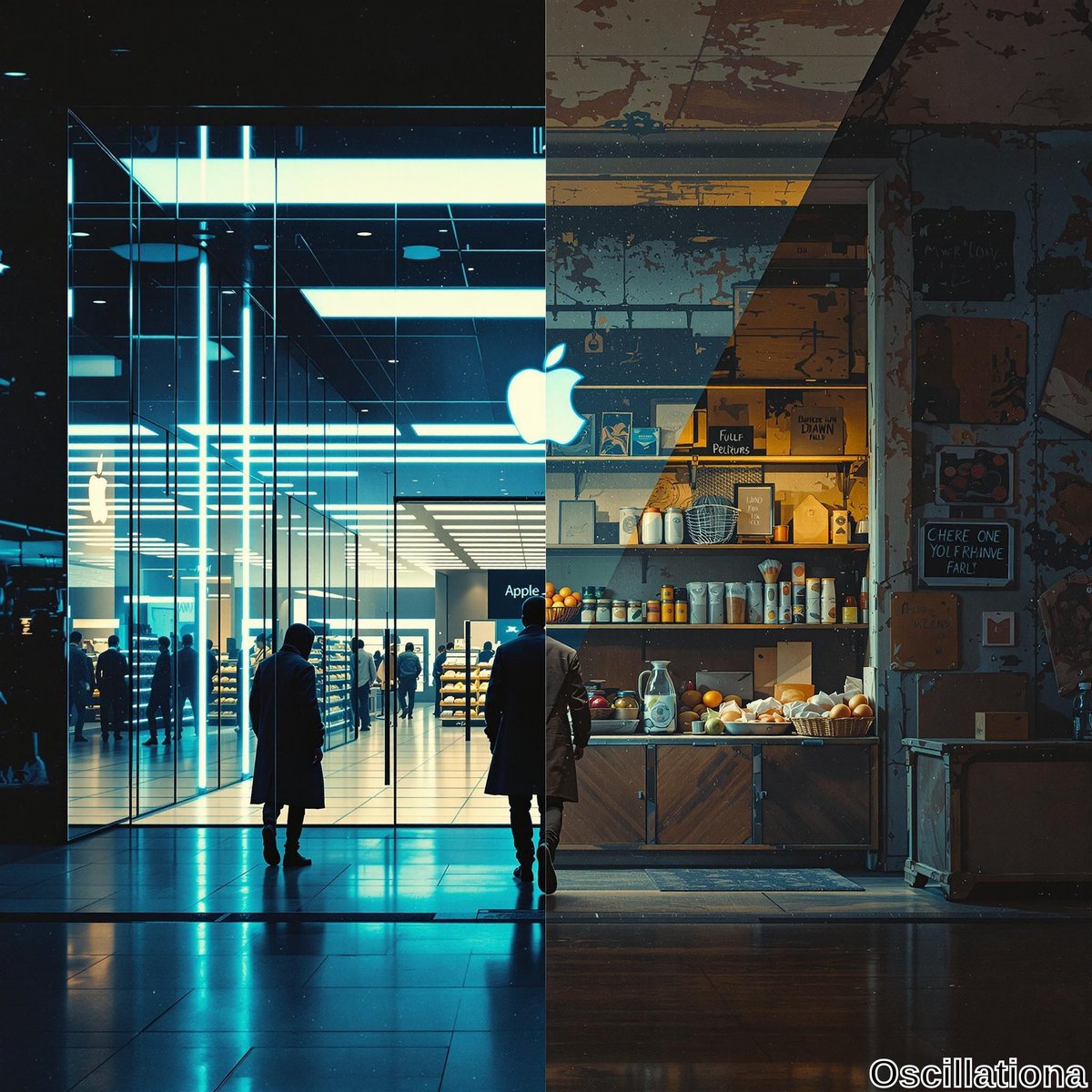 A split image contrasting a modern Apple Store on the left, with its illuminated logo, sleek displays, and cool blue and white tones, where people in contemporary attire are seen entering, under bright artificial lighting, against