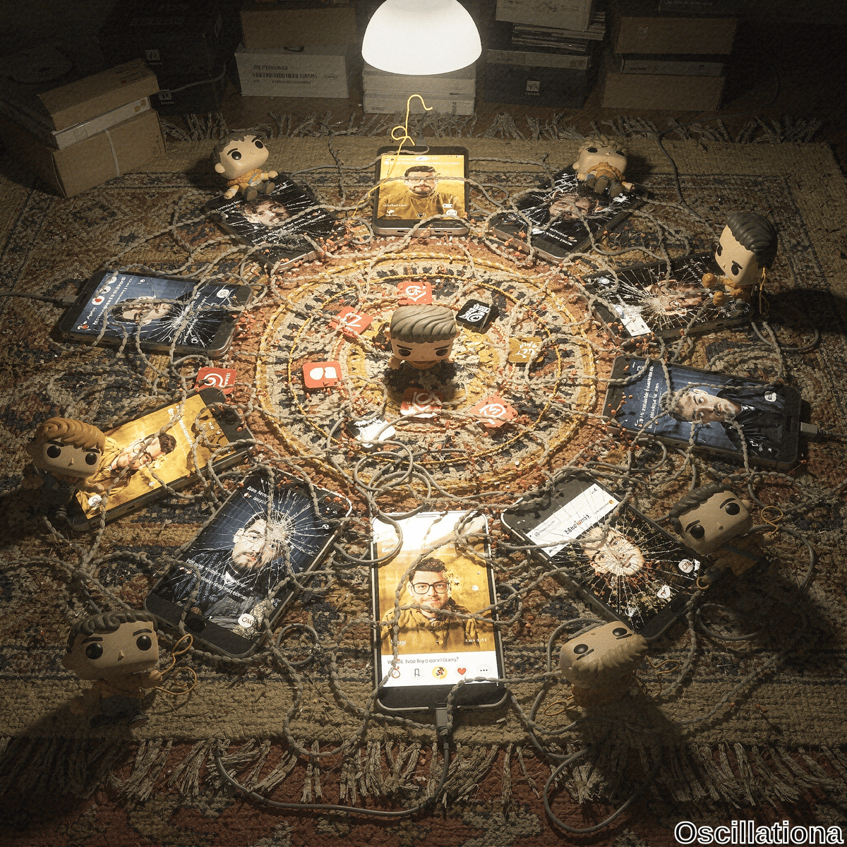 Dimly lit room with warm golden glow from hanging lamp over ornate beige-orange Persian rug. Ritual circle of black smartphones displaying bearded man's photos, tangled yellow cables, surrounding colorful Funko Pop figures in orange hoodies, central larger