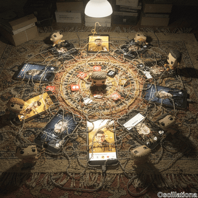Dimly lit room with warm golden glow from hanging lamp over ornate beige-orange Persian rug. Ritual circle of black smartphones displaying bearded man's photos, tangled yellow cables, surrounding colorful Funko Pop figures in orange hoodies, central larger