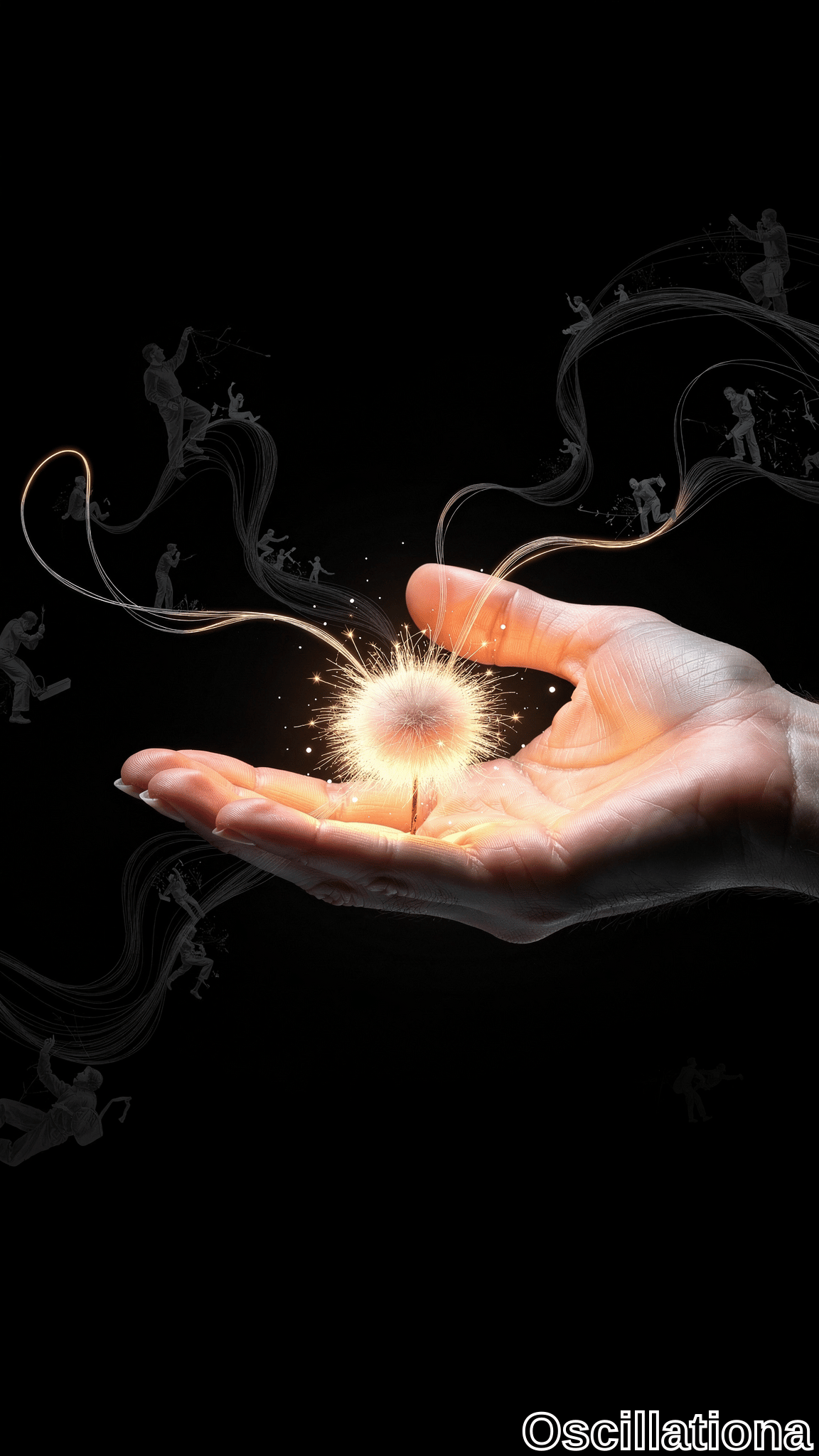 A hand holds a glowing sphere emitting radiant light and sparkling particles, resembling a dandelion with fine filaments