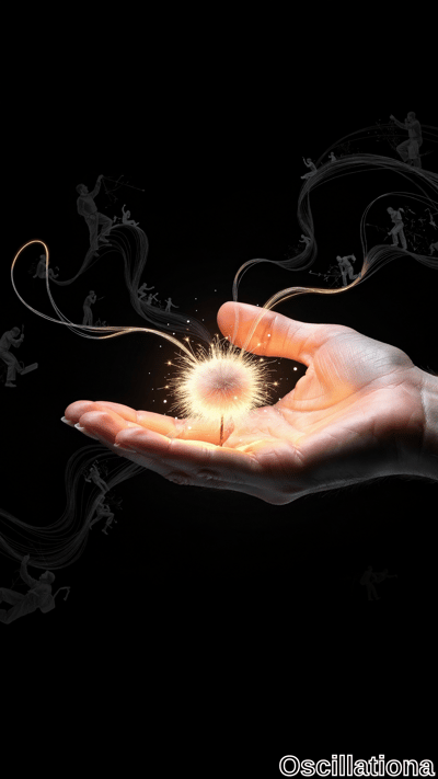 A hand holds a glowing sphere emitting radiant light and sparkling particles, resembling a dandelion with fine filaments