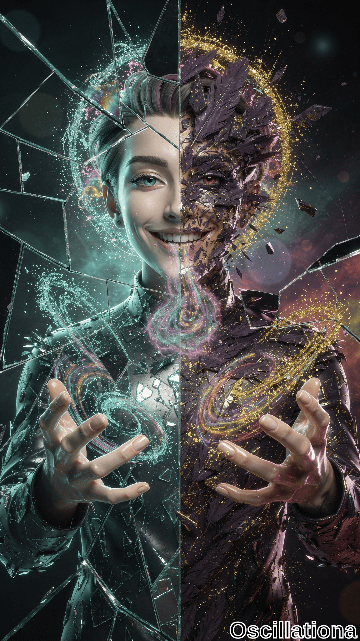 A woman's face divided vertically, left side smiling with cyan glowing energy and shattered glass, right side dark and decayed with purple and gold sparks, hands extended dramatically.