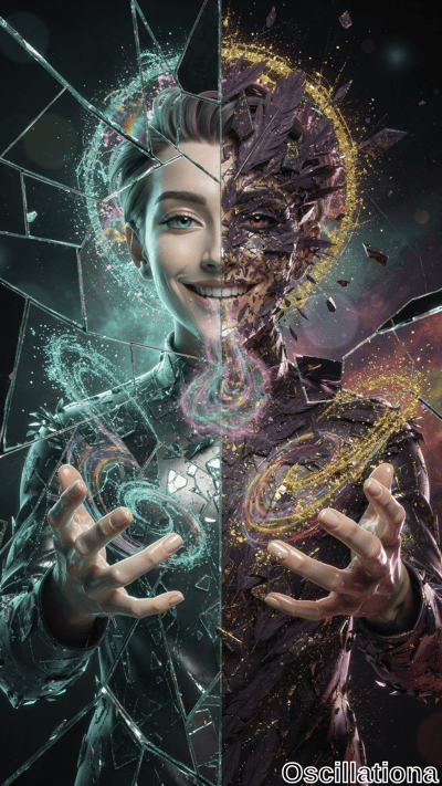 A woman's face divided vertically, left side smiling with cyan glowing energy and shattered glass, right side dark and decayed with purple and gold sparks, hands extended dramatically.