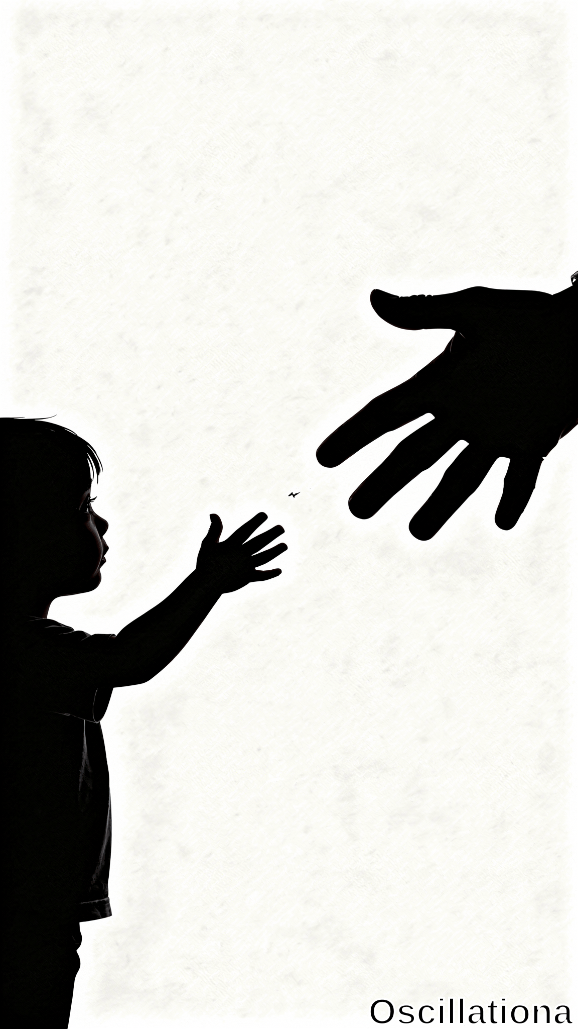 Black silhouette of a child reaching toward a massive hand with a small fly hovering between them on a textured white background. Minimalist high-contrast composition creates a stark, mysterious mood.