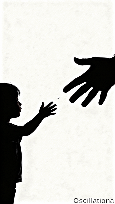 Black silhouette of a child reaching toward a massive hand with a small fly hovering between them on a textured white background. Minimalist high-contrast composition creates a stark, mysterious mood.
