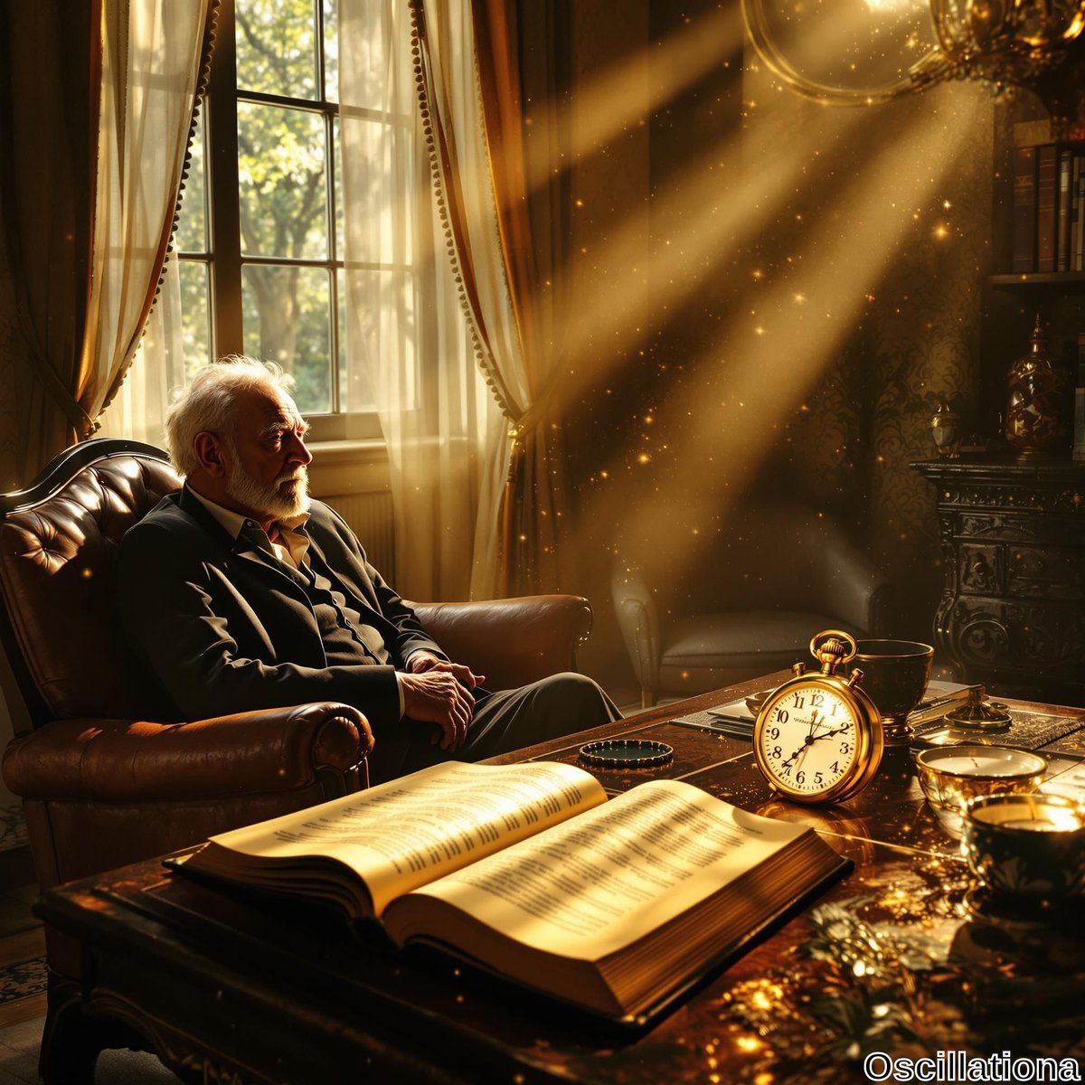 An elderly man in a leather armchair bathed in golden light from large windows with sheer curtains, creating a cozy, nostalgic atmosphere with shimmering particles.