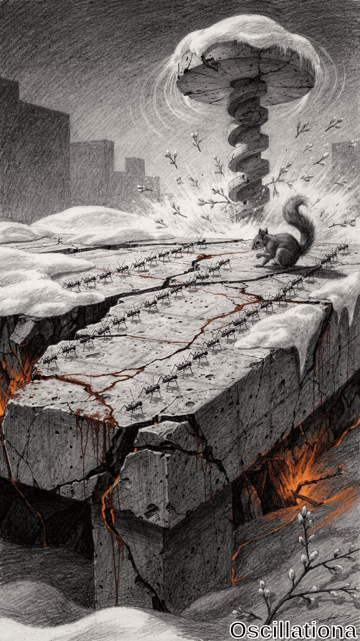 Grayscale pencil sketch with red blood and orange lava accents: alert gray squirrel on cracked ledge oozing red from fissures, black ants marching across, sparse snow and tiny buds over glowing chasm; exploding snow-capped mushroom cloud