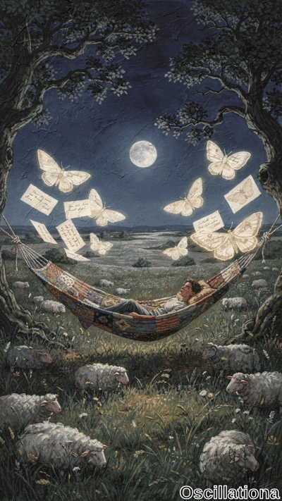 Surreal tarot-style nighttime painting: young man asleep in colorful patchwork hammock between twisted dark green trees under indigo sky with glowing full moon. Luminous butterflies inscribed with German love letters like "Liebe" glow around him;