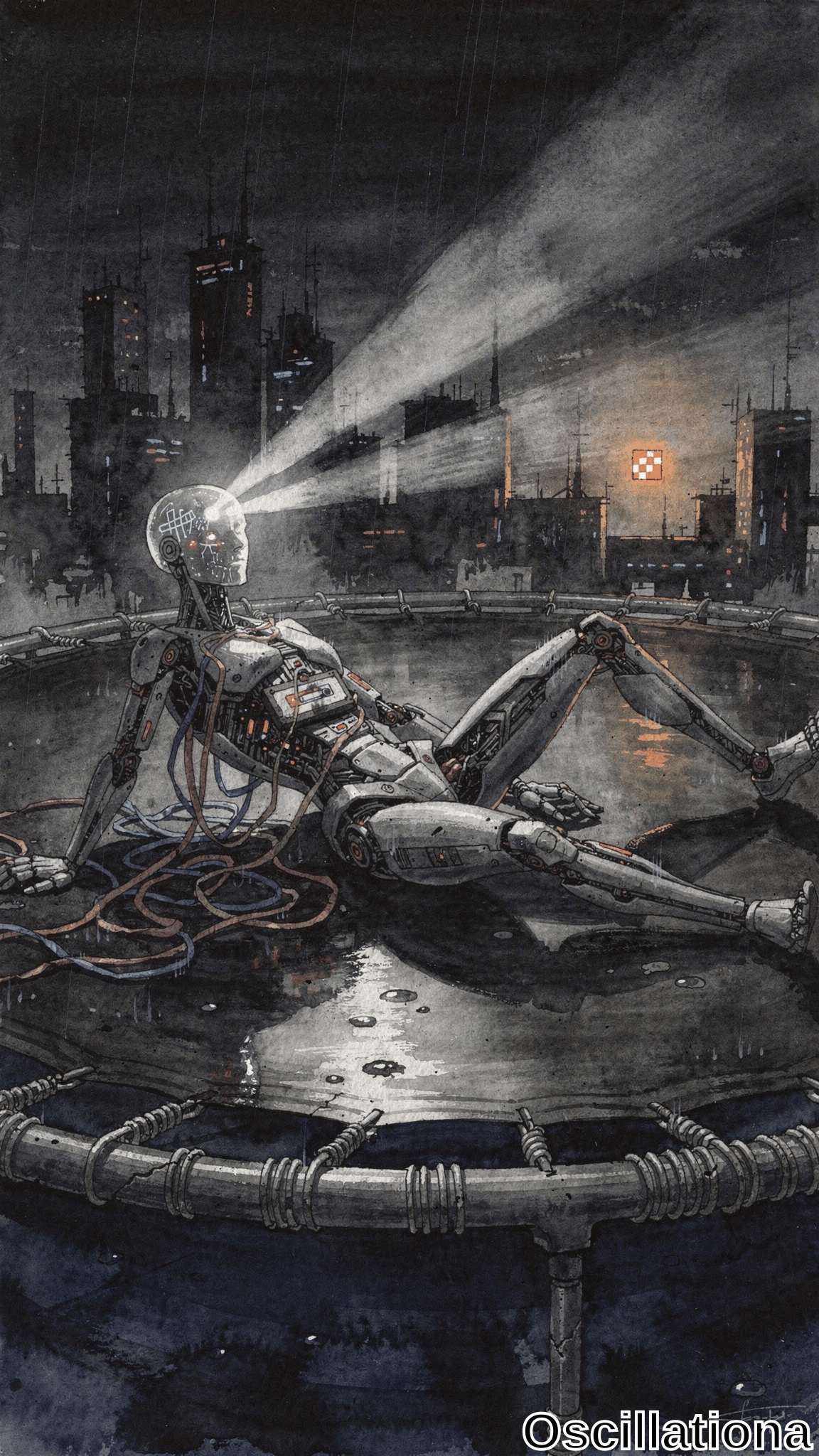 A metallic cyborg lies on a circular rooftop tank in a rainy cyberpunk city, its glowing head projecting light beams toward a red setting sun. Dark watercolor tones create a somber, futuristic mood.