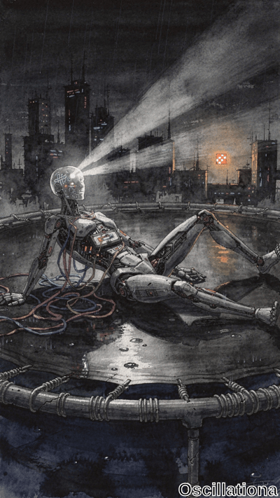 A metallic cyborg lies on a circular rooftop tank in a rainy cyberpunk city, its glowing head projecting light beams toward a red setting sun. Dark watercolor tones create a somber, futuristic mood.