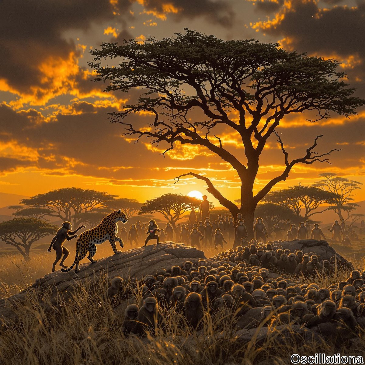 A dramatic African savanna sunset scene with an iconic acacia tree on the right, bathed in vibrant orange and yellow hues.