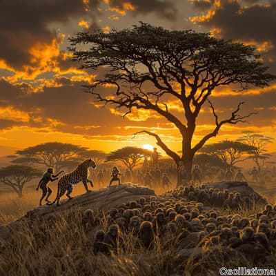 A dramatic African savanna sunset scene with an iconic acacia tree on the right, bathed in vibrant orange and yellow hues.