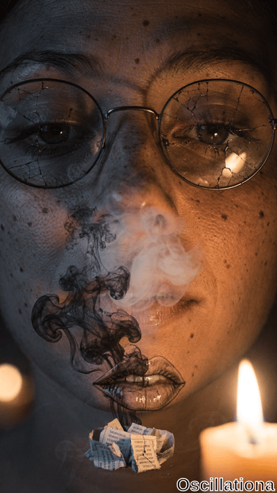 Close-up of a freckled woman's face wearing cracked glasses, with dark swirling smoke rising from metallic lips, illuminated by two flickering candles against a dark background in a moody, atmospheric scene.