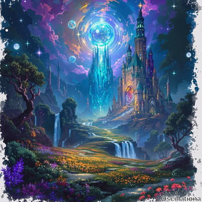 A vibrant, fantastical landscape with a grand, illuminated castle on a rocky outcrop, its spires glowing warmly.
