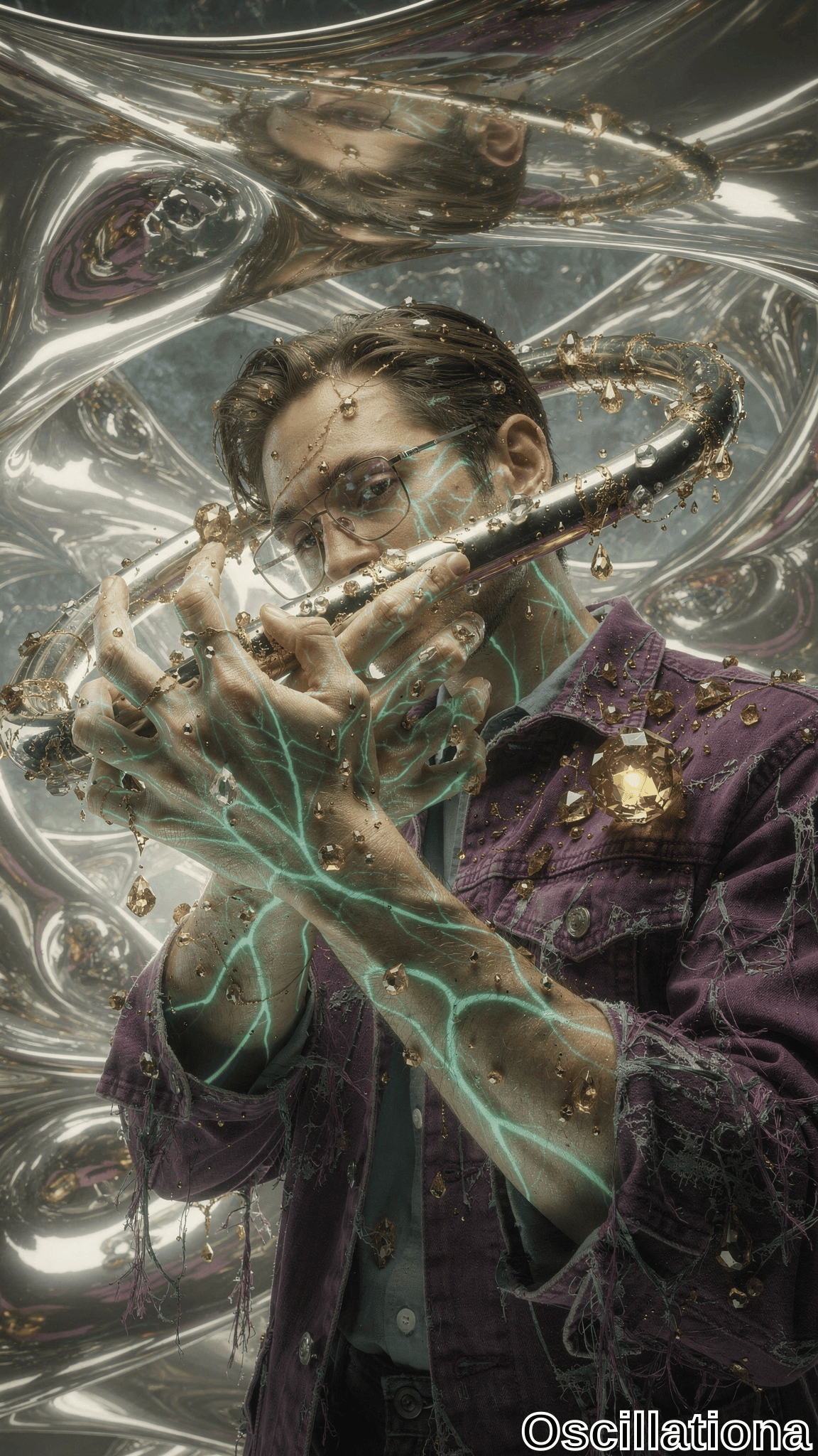 A person in a purple denim jacket with golden crystals plays a flute against a surreal, reflective background of fluid, metallic surfaces