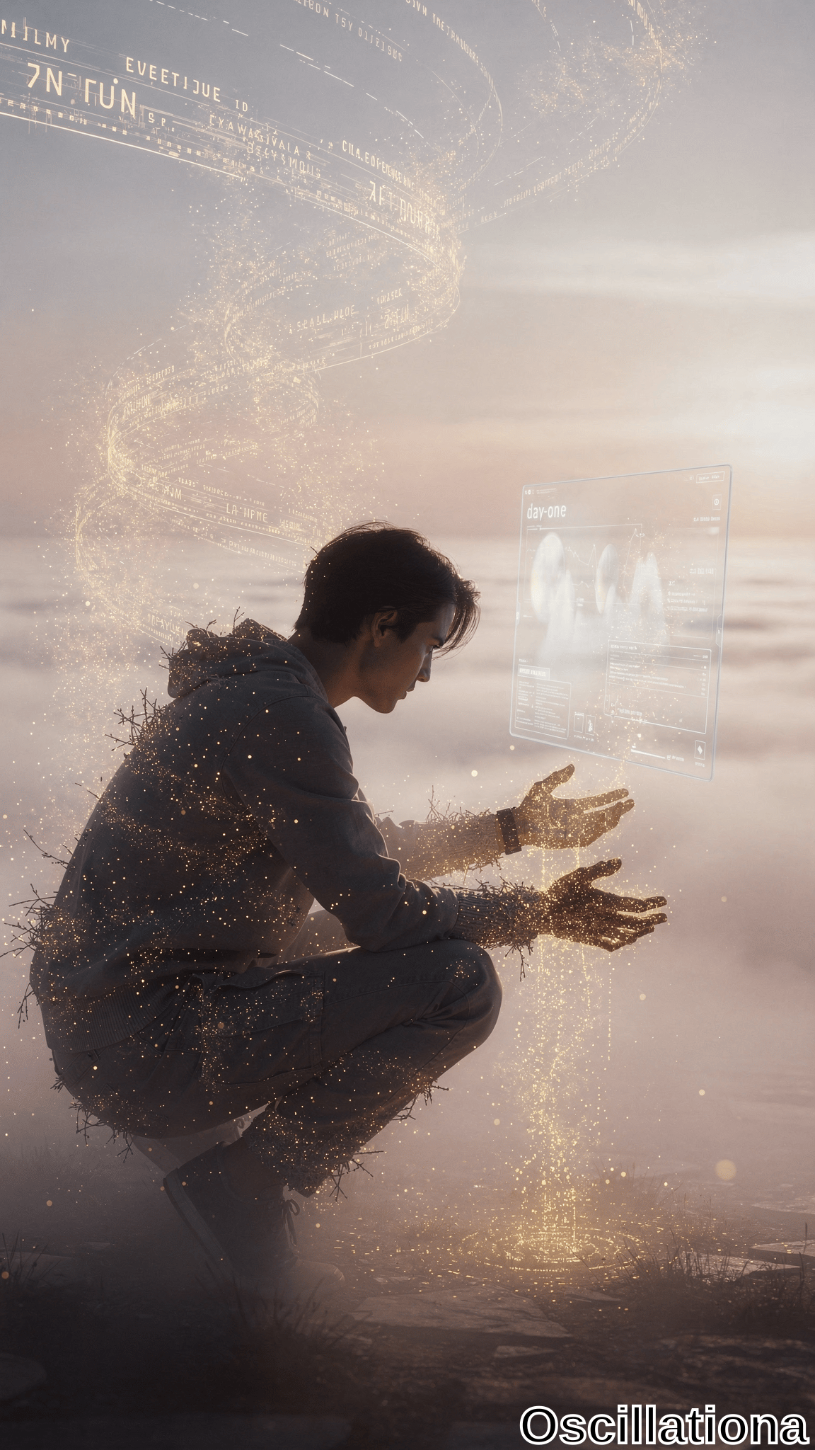 A person in a hoodie and pants crouches, interacting with a holographic screen labeled "day-one" displaying data and charts