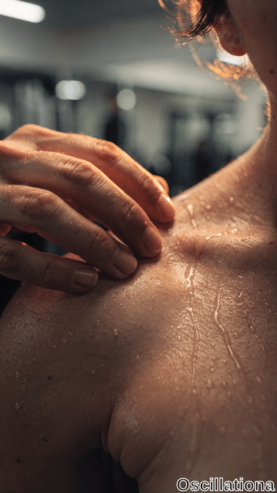 Close-up of moist skin on the shoulder and chest with a hand gently resting on it, covered in water droplets under warm directional lighting.