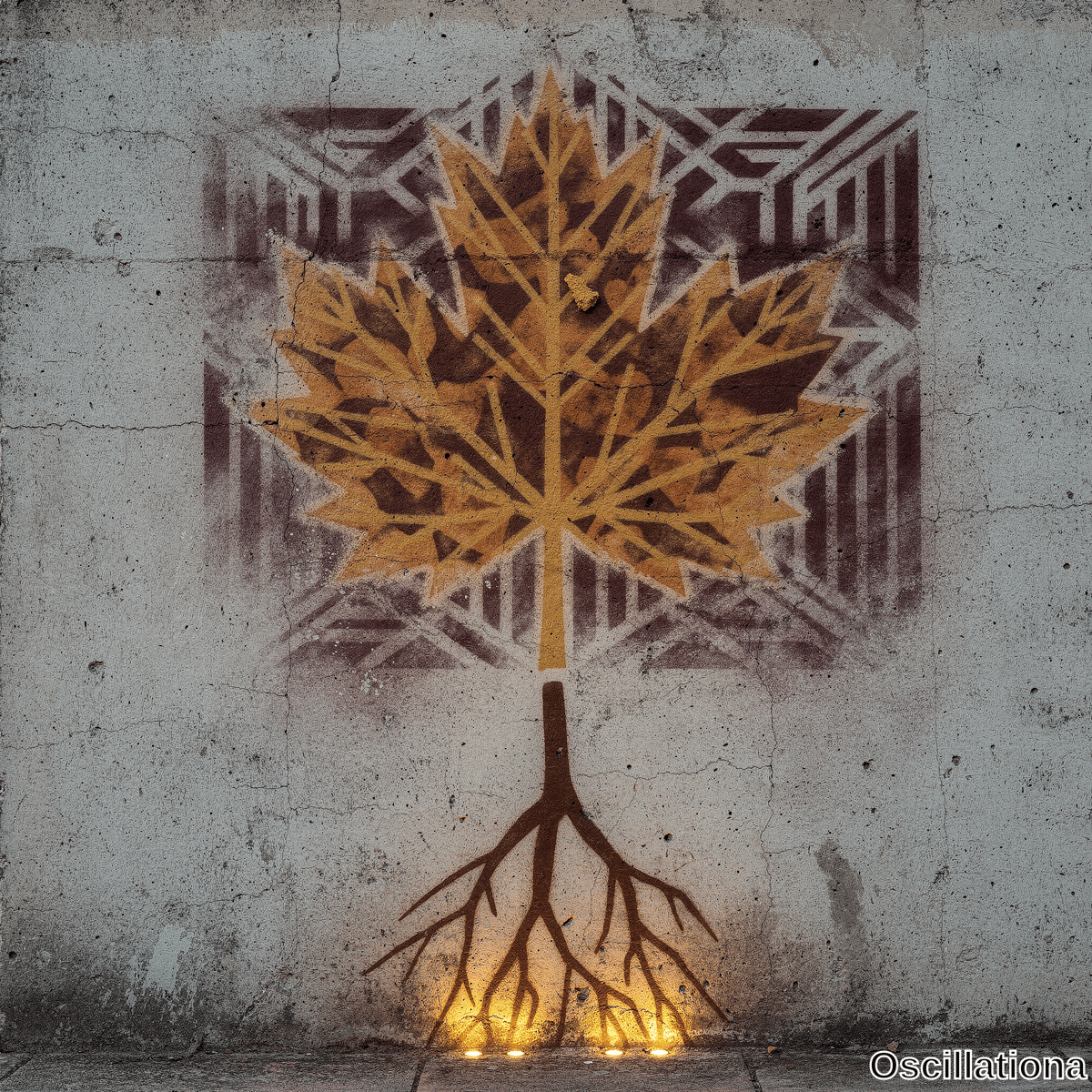 Stylized maple leaf tree in yellow orange and ochre on concrete wall with glowing roots lit by yellow lights below and geometric burgundy maze pattern.
.