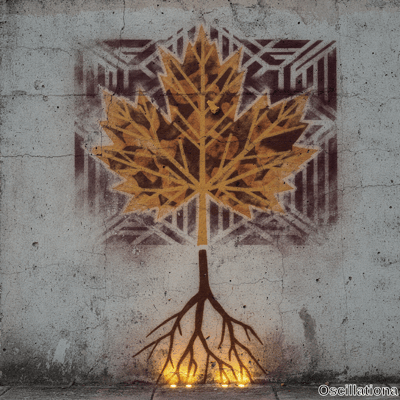 Stylized maple leaf tree in yellow orange and ochre on concrete wall with glowing roots lit by yellow lights below and geometric burgundy maze pattern.
.