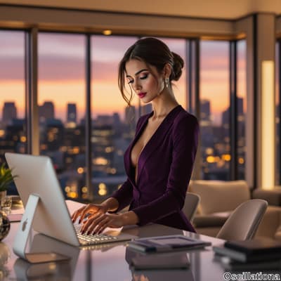 A stylish woman in a deep purple blazer sits at a modern desk in a high-rise office, her sleek bun and bold makeup enhancing her elegance.