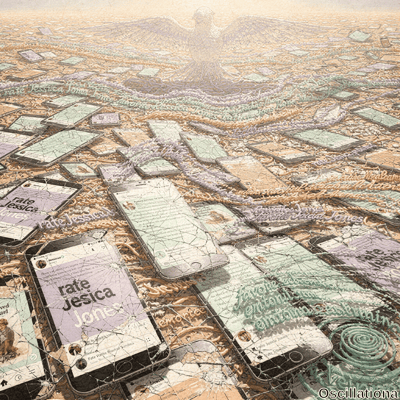Surreal digital artwork of vast cracked beige-orange desert dunes buried under shattered colorful smartphones displaying fragmented Jessica Jones social media backlash, emojis, and reviews; radiant phoenix with purple wings rises triumphantly from the glowing pile.