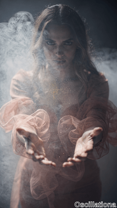 A woman in sheer brown fabric extends her hands, releasing golden sparkling particles amid swirling white smoke. Dark ethereal scene with a mystical mood.