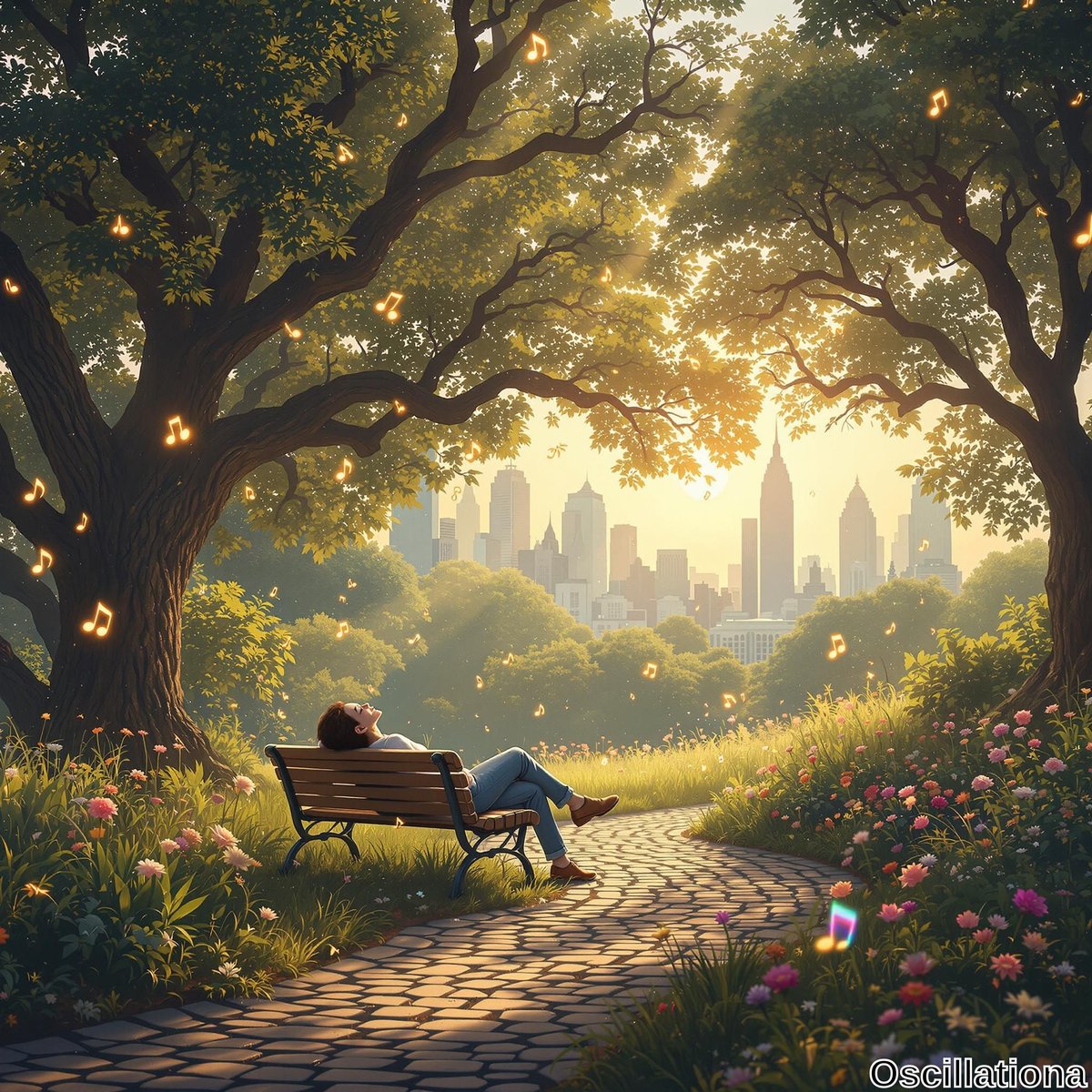 A person lies on a wooden bench in a lush park, surrounded by large trees forming a canopy overhead.