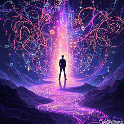 A surreal cosmic landscape with deep purples and vibrant pinks; a solitary figure stands silhouetted against a radiant light from vertical symbols and equations, creating depth.