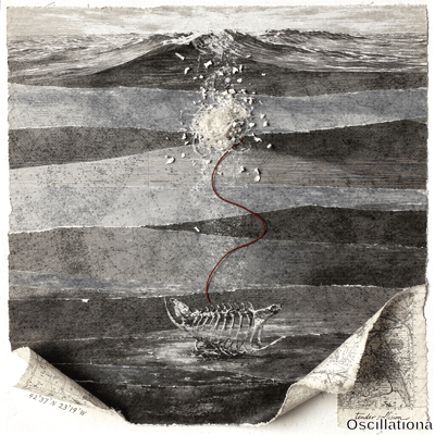 Collage from nautical charts with cresting wave, white explosion, red cord to skeletal dog in boat and coordinates 42°37'N 23°19'W tender collision.
.