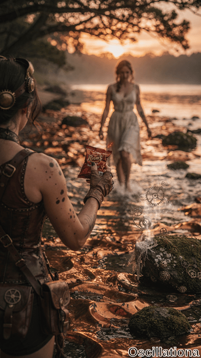 Steampunk woman viewed from behind in leather corset, brass goggles, freckles holds red Rich's chip bag toward floating brass gears amid steam in golden-hour river; redhead in white lace wades barefoot on mossy