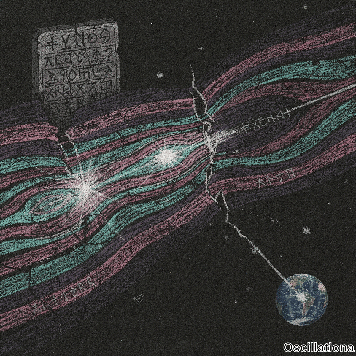 A surreal chalk illustration on black background with ancient tablet of cryptic symbols, colorful waves split by white crack linked to planet Earth.
.