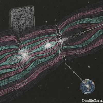 A surreal chalk illustration on black background with ancient tablet of cryptic symbols, colorful waves split by white crack linked to planet Earth.
.