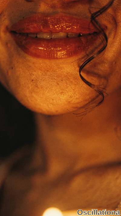 A close-up of a person's lower face, highlighting glossy reddish-orange lips with visible natural texture