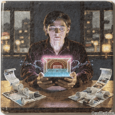Surreal aged painting with craquelure: pale young man in shimmering purple velvet jacket holds glowing transparent hologram cube of soccer stadium—green turf, red goals, mid-play ball—amid German newspapers on table; moody blues,