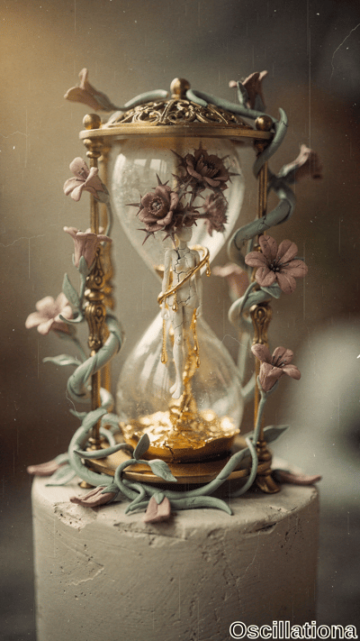 An antique golden hourglass wrapped in teal vines and soft pink roses, with shimmering gold sand flowing through its chambers atop a stone pedestal. Warm lighting creates a timeless, melancholic mood.