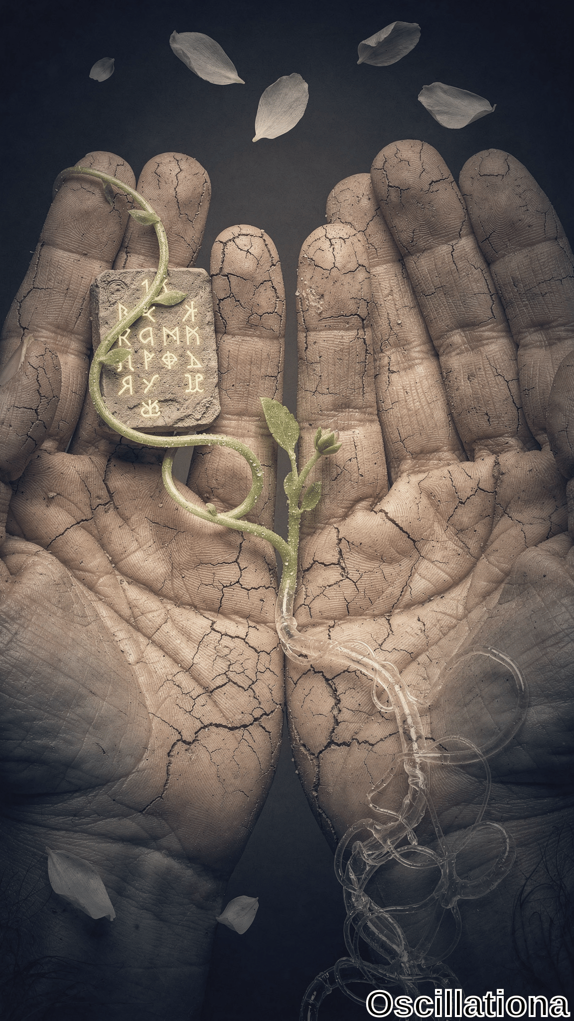 Surreal close-up of two massive, cracked, clay-like hands cupped palms-up, cradling a mossy gray stone tablet inscribed with glowing golden runes spelling "RUNES". Vibrant green vine sprouts from it, curling with