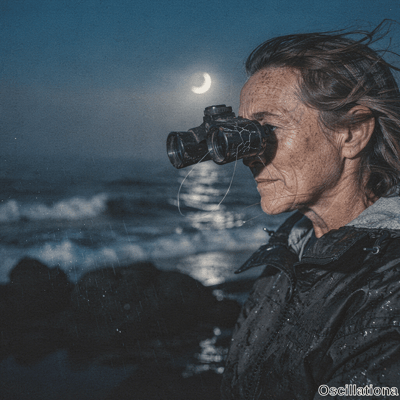 Middle-aged weathered woman in profile on stormy coast at night gazes through cracked binoculars at waves under crescent moon with rain in blue sky.
.