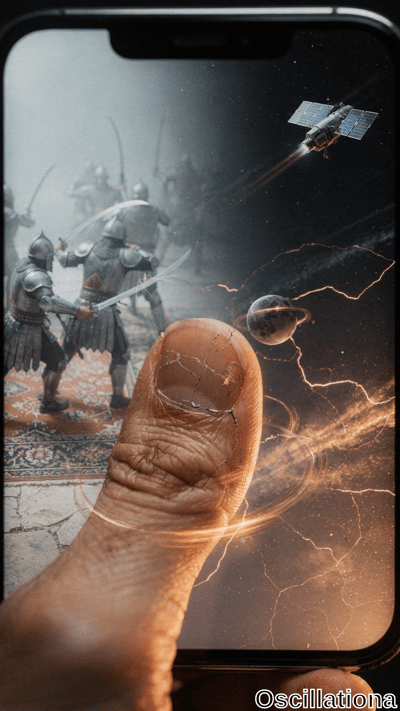 Close-up of black iPhone with notch held in hand at angle, surreal split-screen wallpaper: left foggy medieval warriors in silver armor clash on red Persian rug over stone; right cosmic rocket blasts past ringed planet amid nebulae