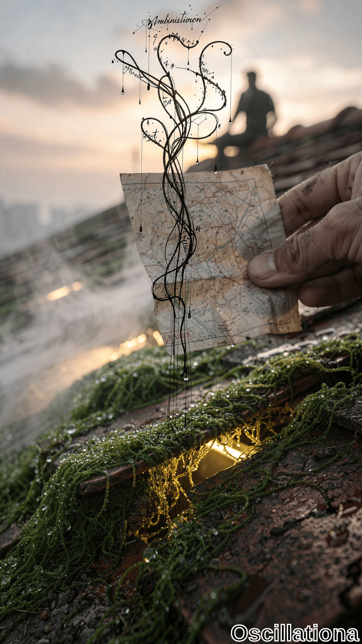 Surreal golden-hour close-up on weathered rooftop: gnarled hand grips tattered yellowed map with faded red streets and Asian text, erupting in swirling black ink vines dripping onto dew-glistened emerald moss over cracked