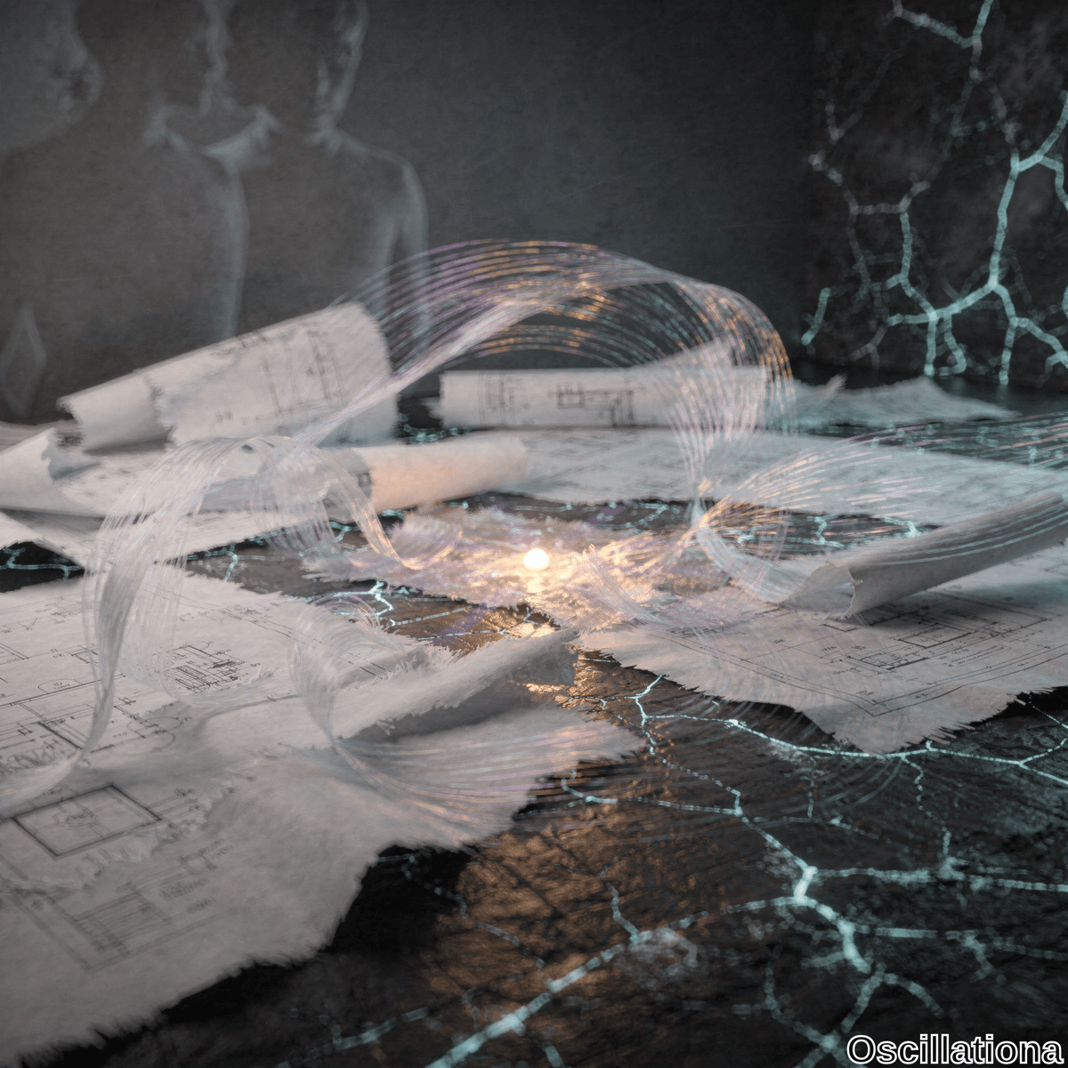 A surreal abstract scene with a dark, cracked surface background, scattered with curling, twisting sheets of paper displaying architectural blueprints