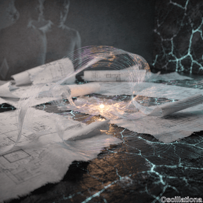 A surreal abstract scene with a dark, cracked surface background, scattered with curling, twisting sheets of paper displaying architectural blueprints