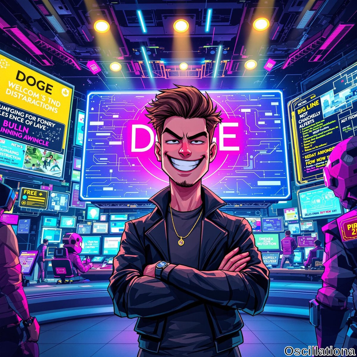 A smug cartoon character with spiky hair stands confidently in a high-tech control room, wearing a black leather jacket and gold chain.