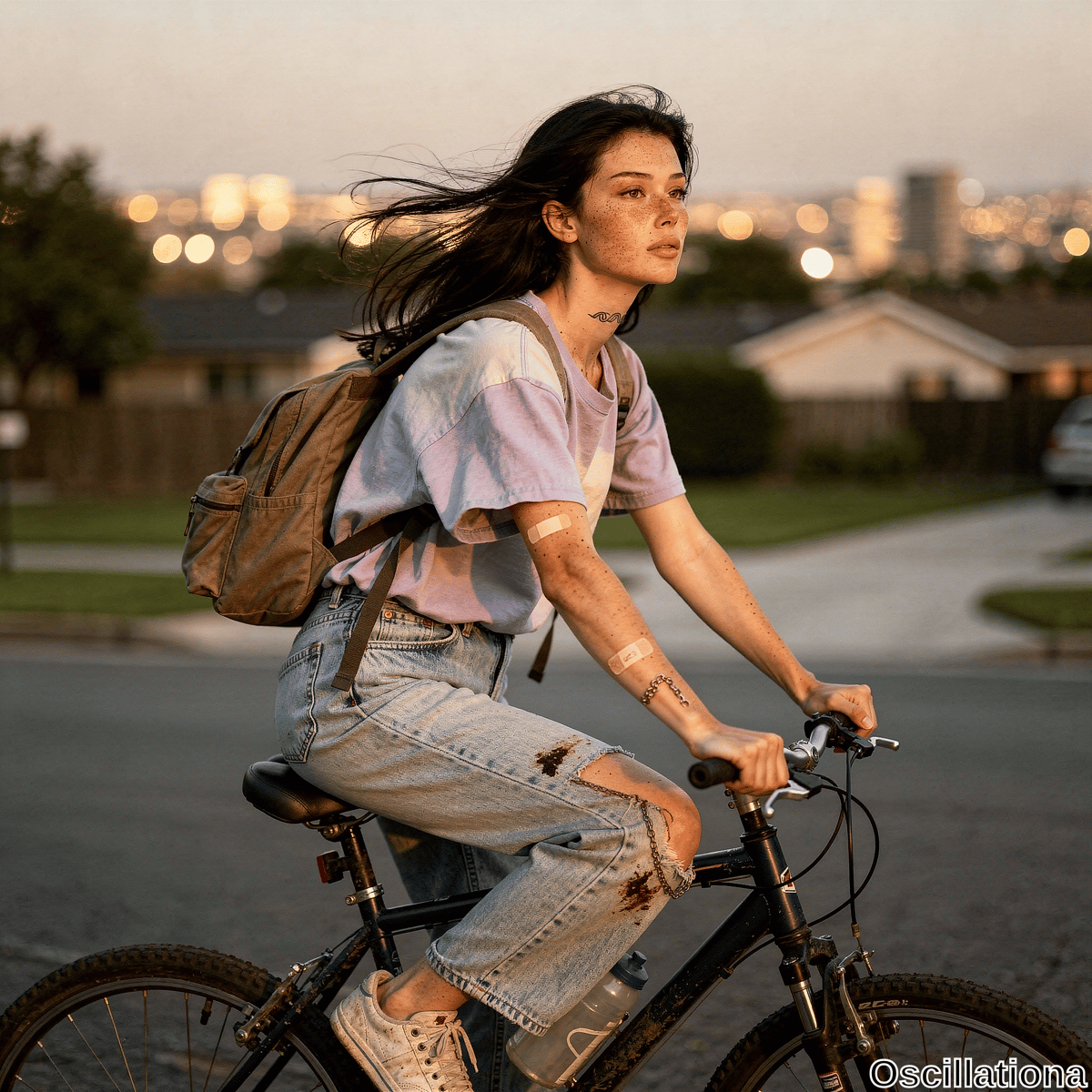 Young freckled woman with wind-swept black hair, neck tattoo, and toned arms rides gritty black mountain bike down suburban street at golden dusk. Lavender tie-dye tee, ripped mud-stained jeans, backpack; lawns,