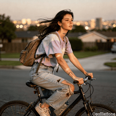 Young freckled woman with wind-swept black hair, neck tattoo, and toned arms rides gritty black mountain bike down suburban street at golden dusk. Lavender tie-dye tee, ripped mud-stained jeans, backpack; lawns,
