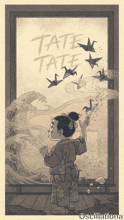 A young girl in a patterned kimono stands indoors, releasing paper cranes that dissolve into droplets before a large stylized wave, rendered in soft monochrome with delicate linework and a calm, nostalgic mood.