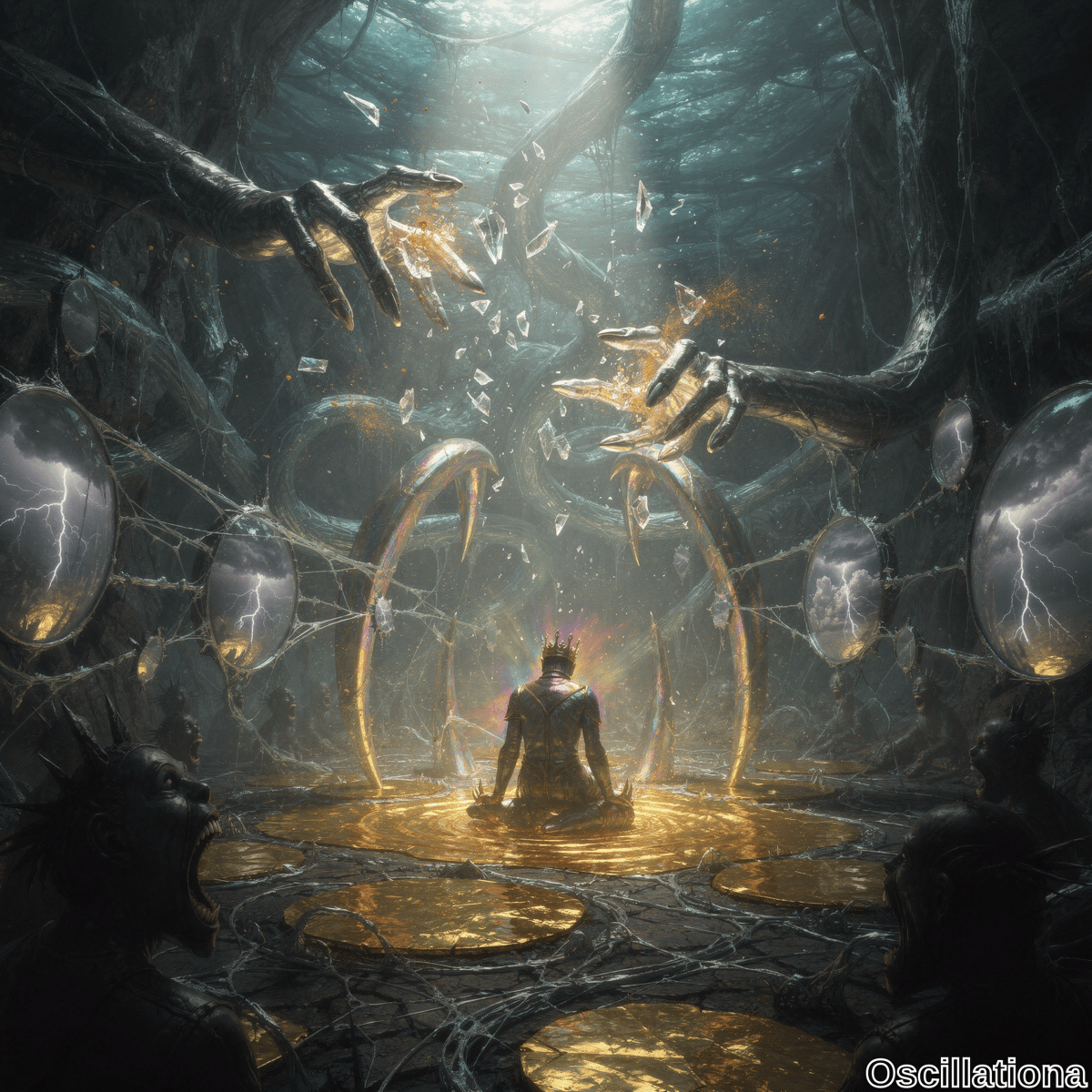 A mystical scene with a central figure in lotus pose on a golden platform, radiating a multicolored aura and wearing a crown, suggesting divinity