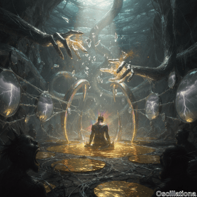 A mystical scene with a central figure in lotus pose on a golden platform, radiating a multicolored aura and wearing a crown, suggesting divinity